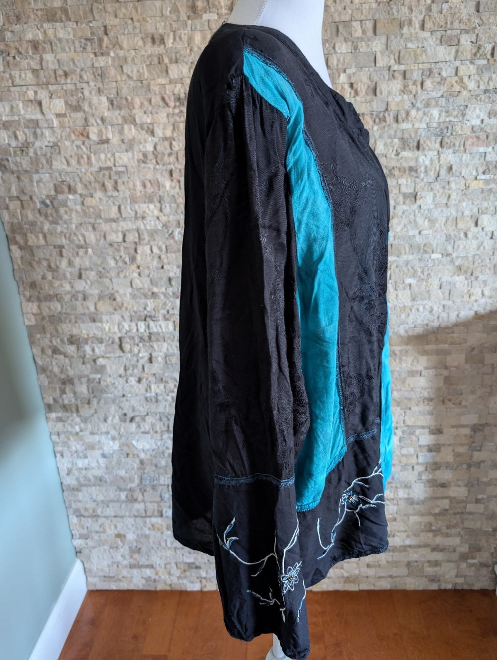 Vintage Beaded Patchwork Open Shirt Top 2X Black Teal Embroidered Artsy Boho image 3